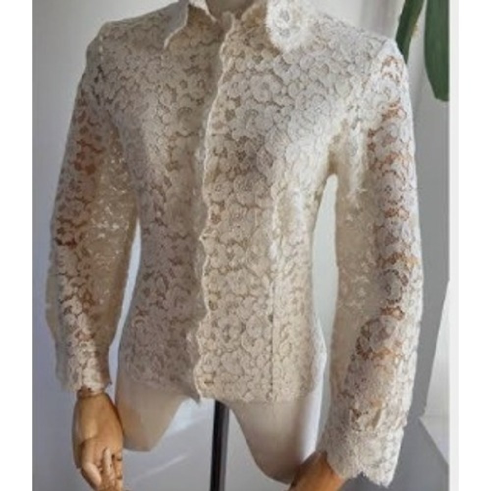 Unique SEI Cream Floral Lace Button Up Top Flared Bell Sleeve Vintage Style S